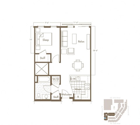 Floor plan for 1 bed, 1 bath, 675 sqft